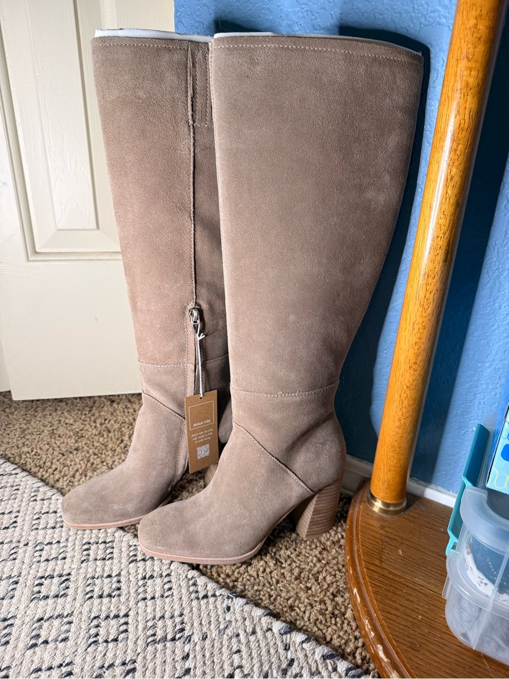 Vince Camuto Taupe Suede Knee-High Block Heel Boots